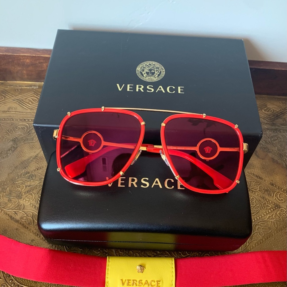 Versace Red and Gold Aviator Sunglasses